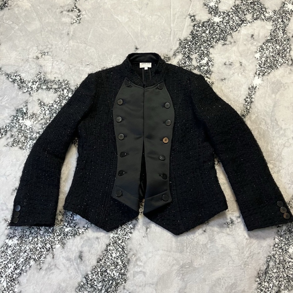 Armani Collezioni Jacket Womens Size 12 Black Tweed Evening Open Front